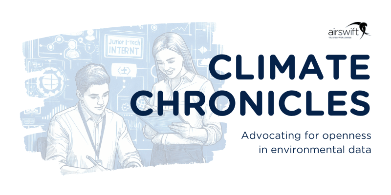 Two people with tech graphics for Climate Chronicles
