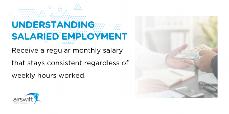 Illustration representing salaried employment, with a worker receiving regular monthly pay and fixed working arrangements set out in an employment contract with airswift logo