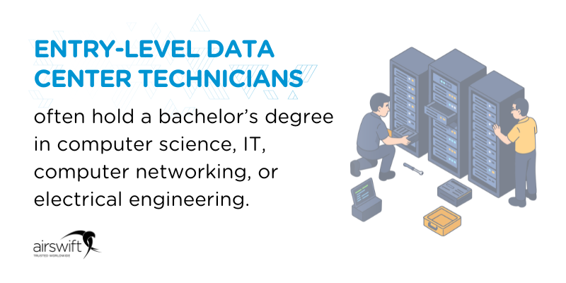 Entry-level data center technicians often hold a bachelor’s degree in computer science, IT, computer networking, or electrical engineering.