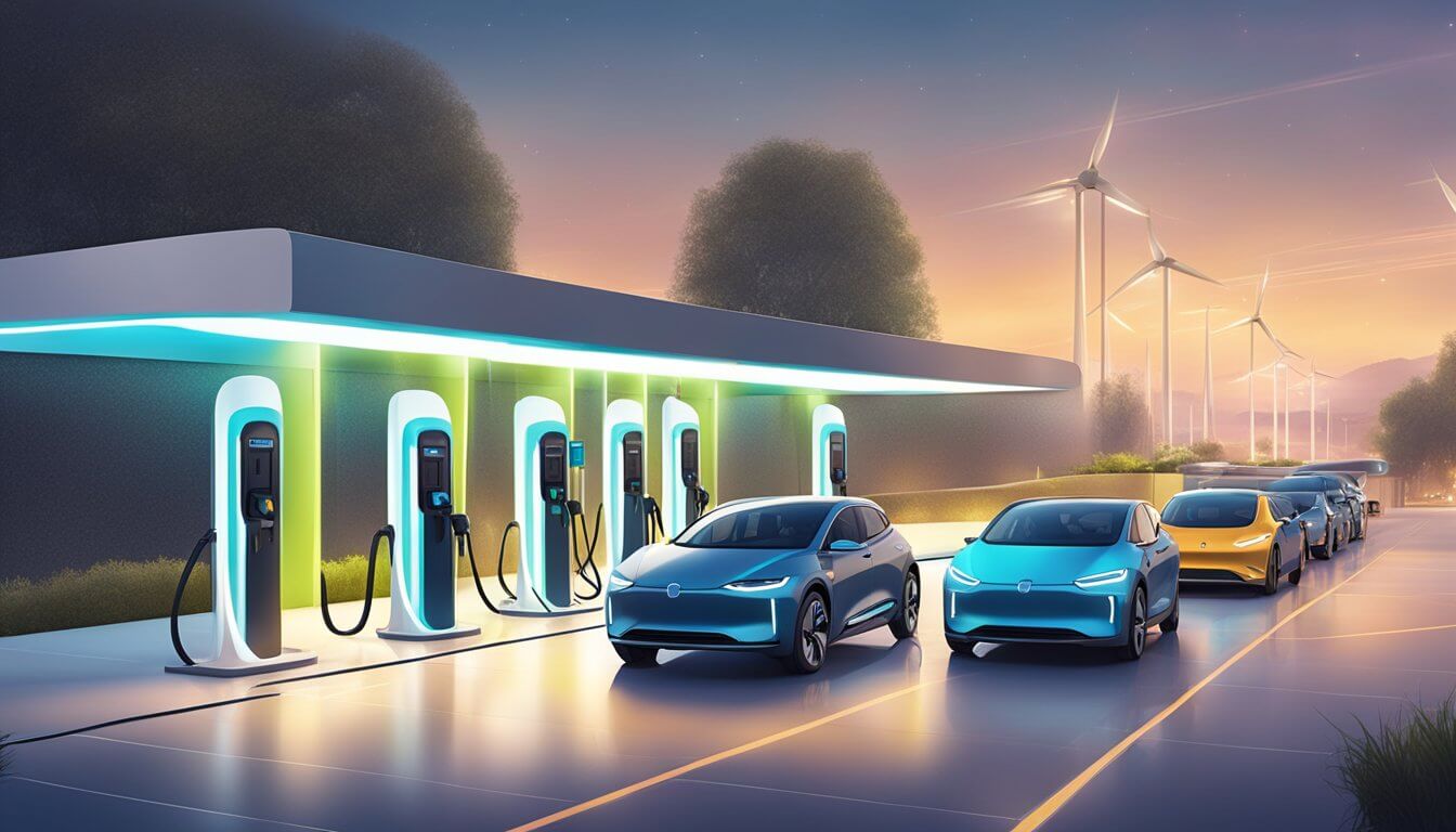 electric vehicles charging station at dusk, set against a backdrop of wind turbines, symbolizing renewable energy use