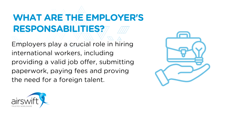 Employers play a crucial role in hiring international workers, including providing a valid job offer, submitting paperwork, paying fees and proving the need for a foreign talent.