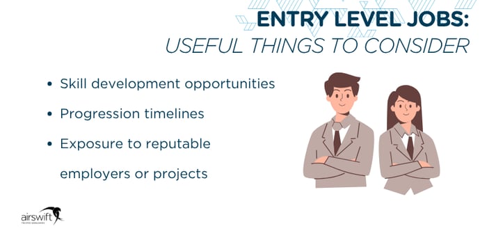 Entry level jobs guide image featuring key considerations such as skill development, progression timelines and exposure to employers with illustrated professionals and Airswift logo
