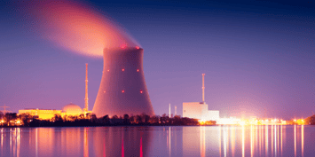 Nuclear power plant at twilight with illuminated cooling tower
