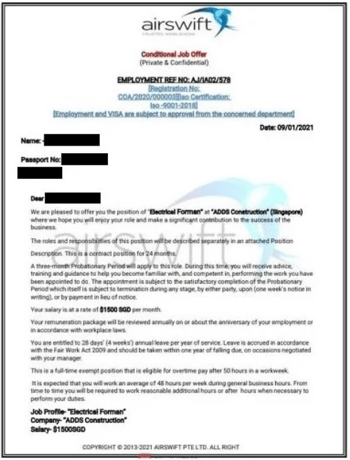 Example of a fraudulent job offer letter falsely using Airswift branding, employment details, and salary information to impersonate a legitimate recruitment opportunity.