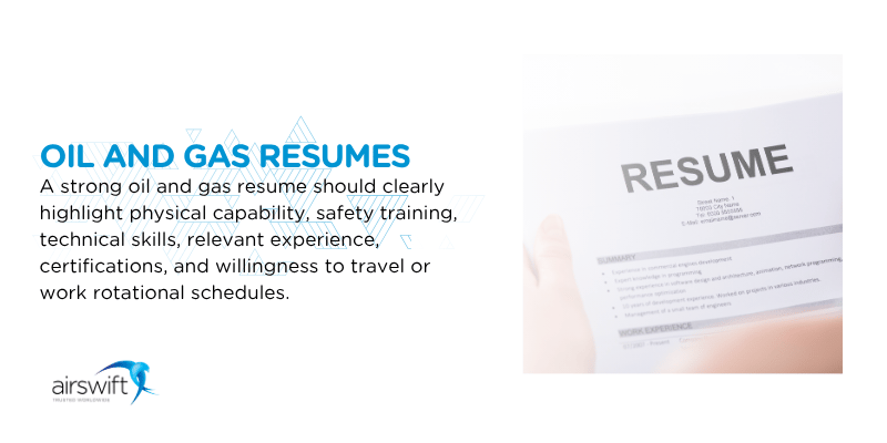 Oil and gas resumes guide graphic showing key CV requirements including safety training, technical skills and certifications with Airswift branding