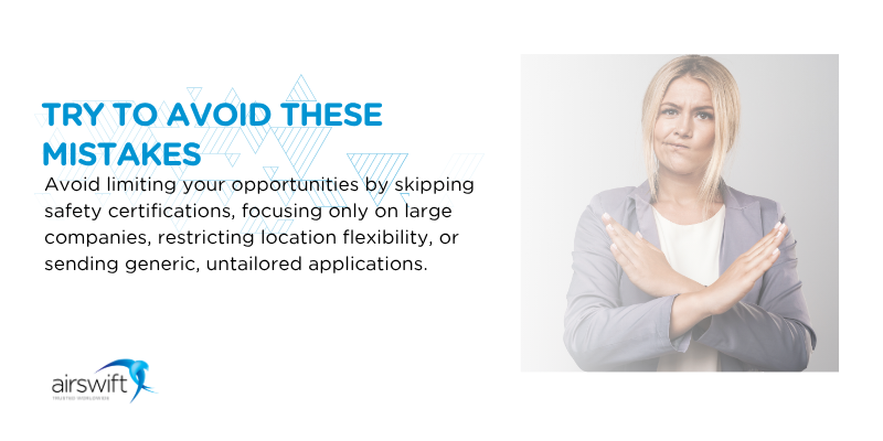 Oil and gas job application mistakes to avoid graphic including missing certifications, limited flexibility and generic CVs with Airswift branding