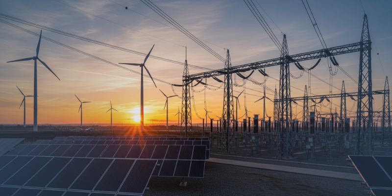 Solar panels, wind turbines and battery storage infrastructure at sunset, illustrating renewable energy projects in Australia and the job opportunities created by large-scale wind, solar and energy storage.