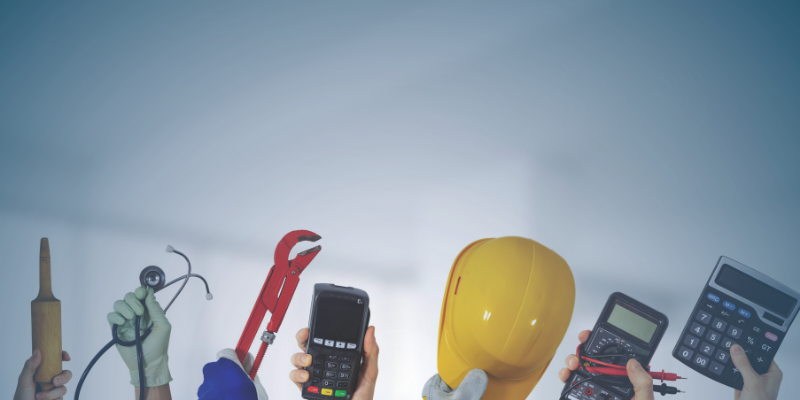 A group of people hold up tools of their respective trades, signifying diversity of contingent work