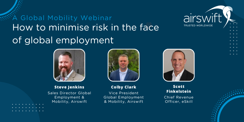 Banner with the faces of all three speakers for the GEM Webinar: How to minimise risk in the face of global employment
